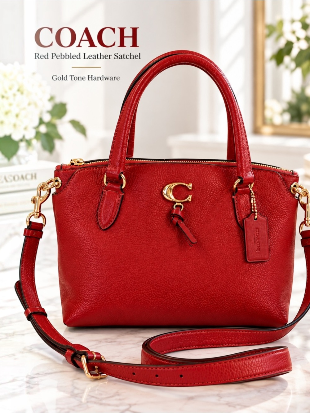 Coach Red Pebbled Leather Satchel Crossbody Bag Gold Tone Hardware
